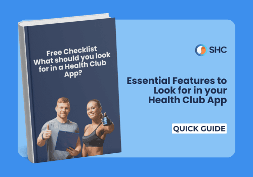 Book cover with "Free Checklist: What should you look for in a Health Club App?" next to smiling man and woman, holding thumbs up.