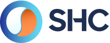 Logo featuring a circular motif with blue and orange halves, followed by the initials "SHC" in bold, dark blue letters.