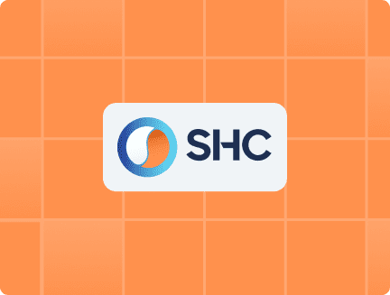 Logo with text "SHC" in blue letters and a circular blue and orange design, against an orange tiled background.