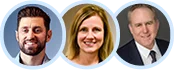 Three professional headshots: a man with a beard, a woman with blonde hair, and a man in a suit. All are smiling.
