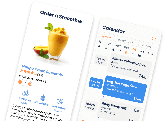 Two smartphone screens display a smoothie menu and a weekly fitness class schedule with details on date, time, and instructor.