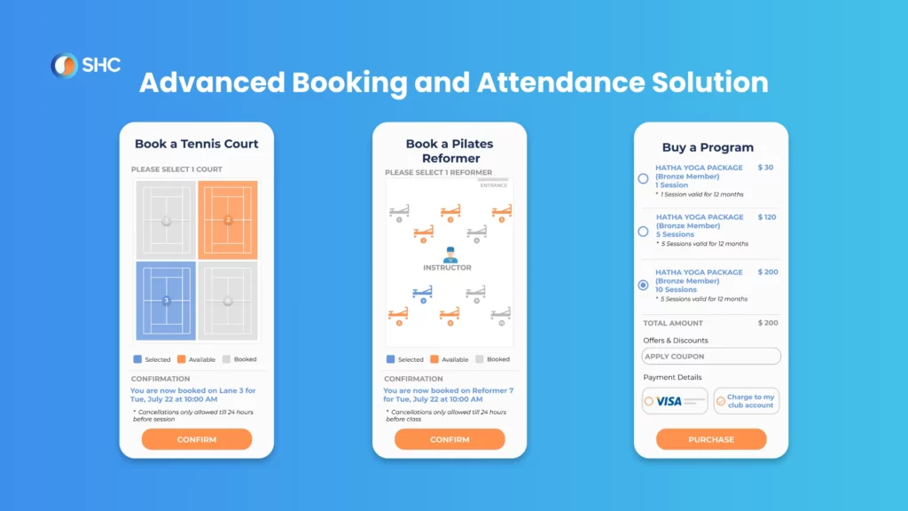 Mobile app interface for booking tennis courts and Pilates reformer, and purchasing programs. Includes options and payment method.