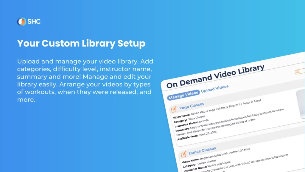 "Instructions for custom library setup with a screenshot of a video library interface on a blue gradient background.