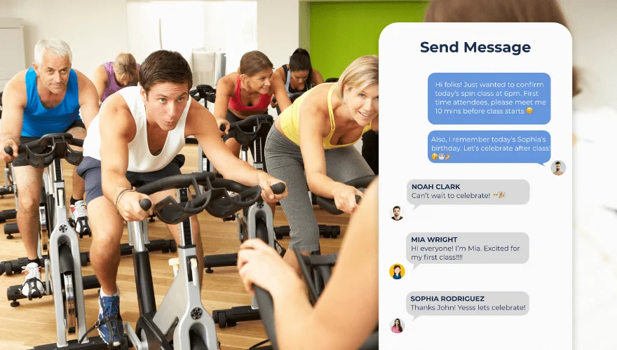 A group cycling class with participants smiling and pedaling; a chat overlay displays messages about the session and a celebration.