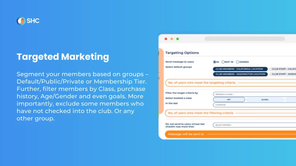 A screenshot of a targeted marketing tool interface with targeting options and criteria on a gradient blue background.